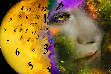 Female face on the background of space and numerology