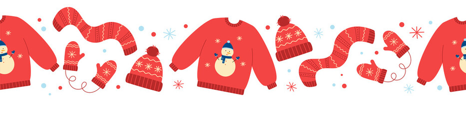 Seamless border of red winter hat, mittens, scarf and sweater. Doodle style. 