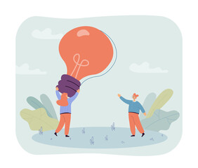Tiny female office workers with innovative idea. Woman holding giant lightbulb flat vector illustration. Teamwork, startup, creativity concept for banner, website design or landing web page