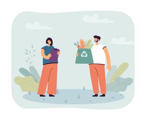 Happy cartoon activist holding recycle bag with food. Zero waste, eco friendly lifestyle flat vector illustration. Food, ecology, environment concept for banner, website design or landing web page
