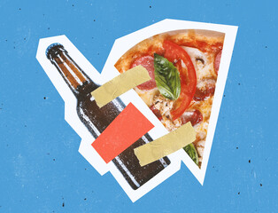 Modern design, contemporary art collage. Inspiration, idea, trendy urban magazine style. Beer and snacks glued with finger tape