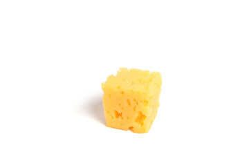 Piece of leaky, fresh cheese on a white background.