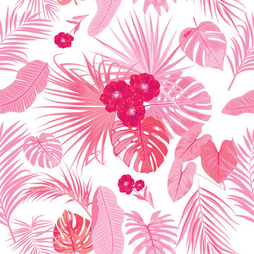 Seamless pattern with pink flowers and tropical palm leaves, jungle vector  background,  plants, botanical design for fashion, fabric