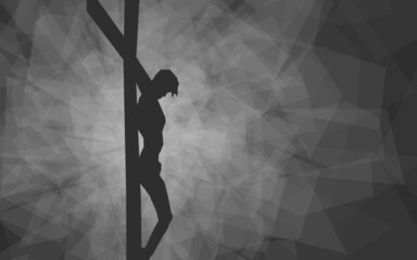 The crucifixion of Jesus Christ, silhouette in gray tones, with geometric glowing light behind Him.
