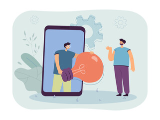 Happy man giving idea to friend or colleague over phone. Male character holding huge lightbulb on big smartphone flat vector illustration. Teamwork, startup concept for banner or landing web page