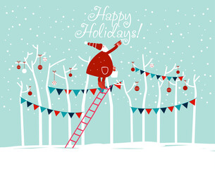 Funny Santa Claus writing "Happy Holidays" with painting brush on the sky