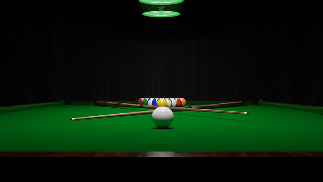 Billiard balls on the table with a cue. American billiards. 3D rendering. A pool table in a dark room. Render a 3d scene.	
