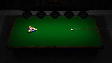 Billiard balls on the table with a cue. American billiards. 3D rendering. A pool table in a dark room. Render a 3d scene.	
