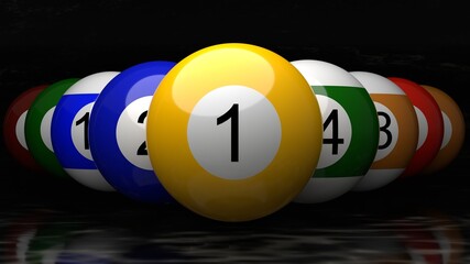 Billiard balls on the table with a cue. American billiards. 3D rendering. A pool table in a dark room. Render a 3d scene.	
