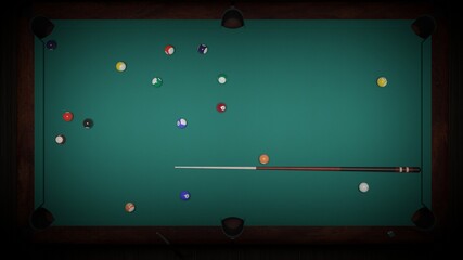 Billiard balls on the table with a cue. American billiards. 3D rendering. A pool table in a dark room. Render a 3d scene.	
