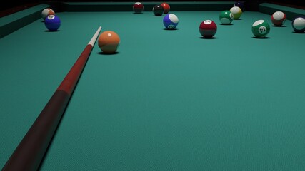 Billiard balls on the table with a cue. American billiards. 3D rendering. A pool table in a dark room. Render a 3d scene.	
