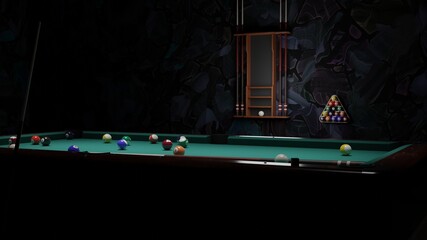 Billiard balls on the table with a cue. American billiards. 3D rendering. A pool table in a dark room. Render a 3d scene.	
