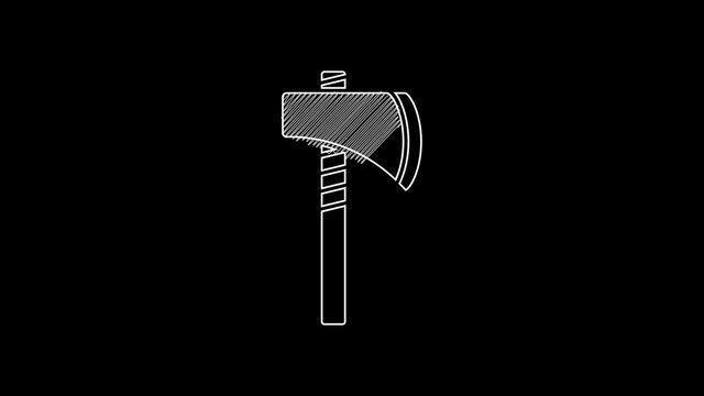 White line Native american tomahawk axe icon isolated on black background. 4K Video motion graphic animation