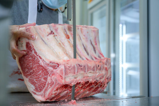 Close-up of A5 Wagyu beef marble pattern In the slaughterhouse where wagyu is cut and trimmed in the meat industry in many areas of Japan