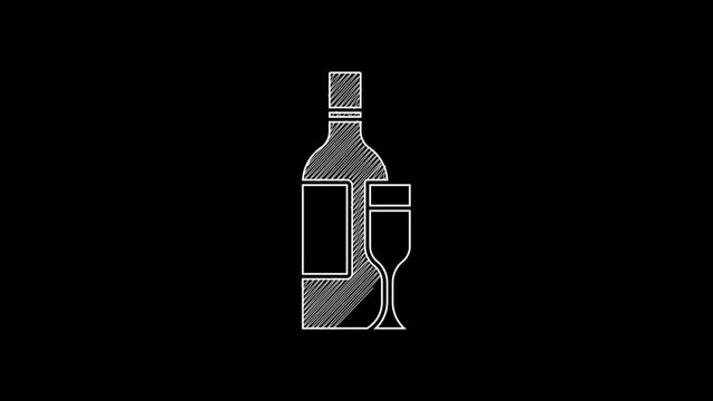 White line Champagne bottle with glass icon isolated on black background. 4K Video motion graphic animation
