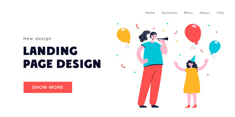 Mother and daughter partying vector illustration. Adult woman blowing into horn, little girl waving hands cheerfully, both smiling. Celebration concept for banner, website design or landing web page