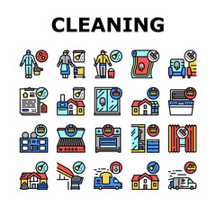 Cleaning Building And Equipment Icons Set Vector. Regular Cleaning Apartment And House Room, Bbq And Grill Kitchen Tool, Clean Carpet And Curtains With Appliance Line. Color Illustrations