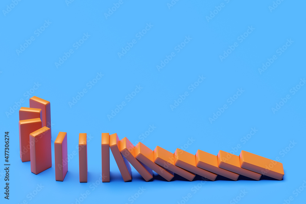 Poster domino.the blocks are pushing with blank background. trends and problems concept