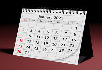 One page of the annual business monthly calendar. Date - month January 2022