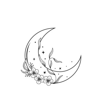 Monochrome boho moon and flowers with leaves. Mystical vector illustration isolated on white background. Outline art with crescent moon. Floral magic line art for esoteric logo, print, tattoo concept.
