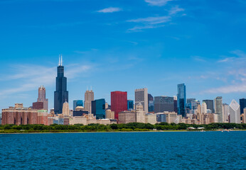 Fototapeta na wymiar Chicago, Illinois, USA downtown skyline from lake Michigan, Chicago downtown skyline at dusk, 