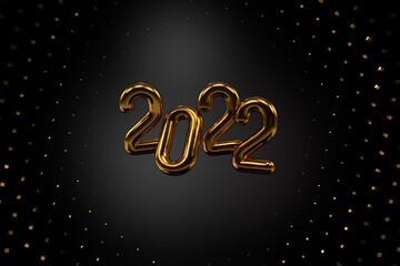 Happy New 2022 Year. Holiday vector illustration of golden metallic numbers 2022 and sparkling glitters pattern. Realistic 3d sign. Festive poster or banner design