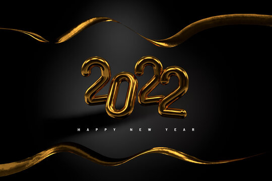 Happy New 2022 Year. Holiday vector illustration of golden metallic numbers 2022 and sparkling glitters pattern. Realistic 3d sign. Festive poster or banner design