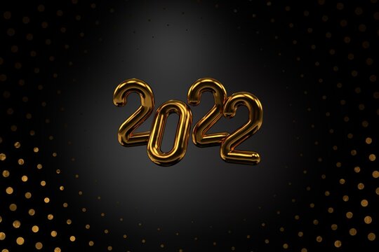 Happy New 2022 Year. Holiday vector illustration of golden metallic numbers 2022 and sparkling glitters pattern. Realistic 3d sign. Festive poster or banner design