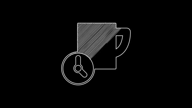 White line Time management icon isolated on black background. Clock and coffee cup sign. Productivity symbol. 4K Video motion graphic animation
