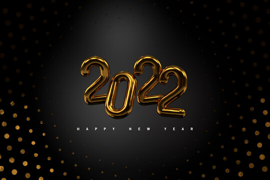 Happy New 2022 Year. Holiday vector illustration of golden metallic numbers 2022 and sparkling glitters pattern. Realistic 3d sign. Festive poster or banner design