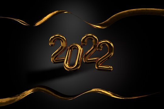 Happy New 2022 Year. Holiday vector illustration of golden metallic numbers 2022 and sparkling glitters pattern. Realistic 3d sign. Festive poster or banner design