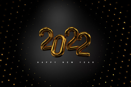 Happy New 2022 Year. Holiday vector illustration of golden metallic numbers 2022 and sparkling glitters pattern. Realistic 3d sign. Festive poster or banner design