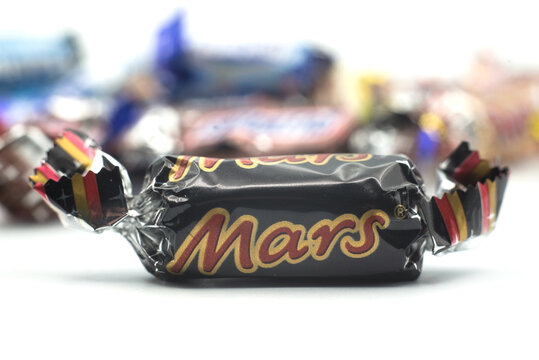 Mulhouse - France - 28 December 2021 - Closeup of mini Mars chocolate bar on white background