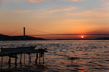 Fototapeta na wymiar Sunset Colors in the Maidens Tower and Bosphorus, Uskudar Istanbul Turkey