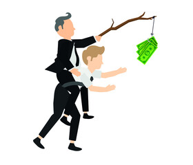 Money and competition. business people trying to catch dollar hanging on tree branch.business people chasing dollars. editable vector.
