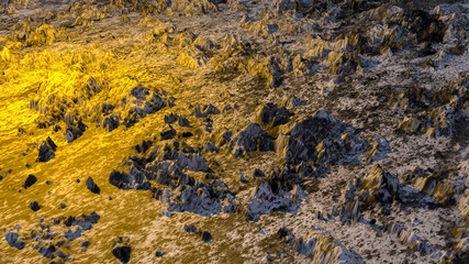 A gray rock under a bright yellow sun. The uninhabited surface of the planet. Grey textured background with yellow highlights. 3D rendering.