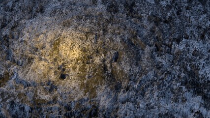 A yellow, golden ray illuminates a dirty gray rock. Grey textured background with yellow highlights. 3D rendering.

