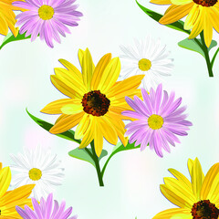 Naklejka premium Sunflower pattern with daisies on light blue abstract background, seamless texture, vector