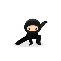 Cute ninja squatting isolated on white background - obrazy, fototapety, plakaty