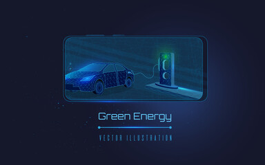 mobile phone and Charging Electric Car Battery at Electric Recharge Station. New Alternative Energy Vehicle. Futuristic Transport, Green Energy. dark-blue background, plexus .concept of mobile app - obrazy, fototapety, plakaty