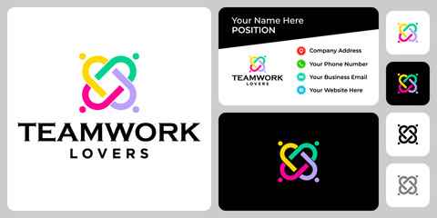 Abstract teamwork logo design with business card template.