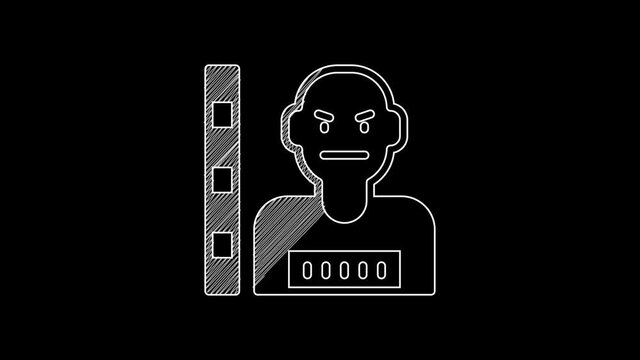 White line Suspect criminal icon isolated on black background. The criminal in prison, suspected near the board. 4K Video motion graphic animation