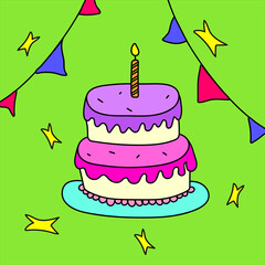 A beautiful multi-colored cake for a birthday, anniversary, wedding or other holidays in the style of a child's drawing. Multi-layered sweet cake with cream and candles. Multicolored flags and glitter