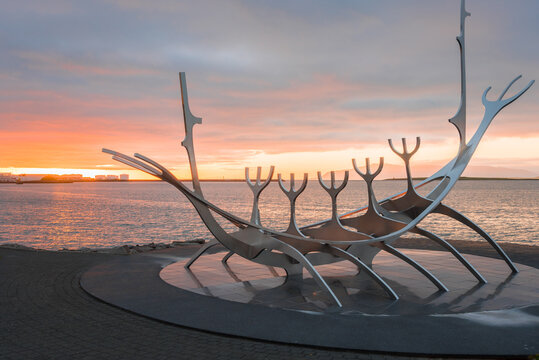 Reykjavik, Iceland - July 9, 2020: Sun Voyager sculpture along the waterfront in midnight light