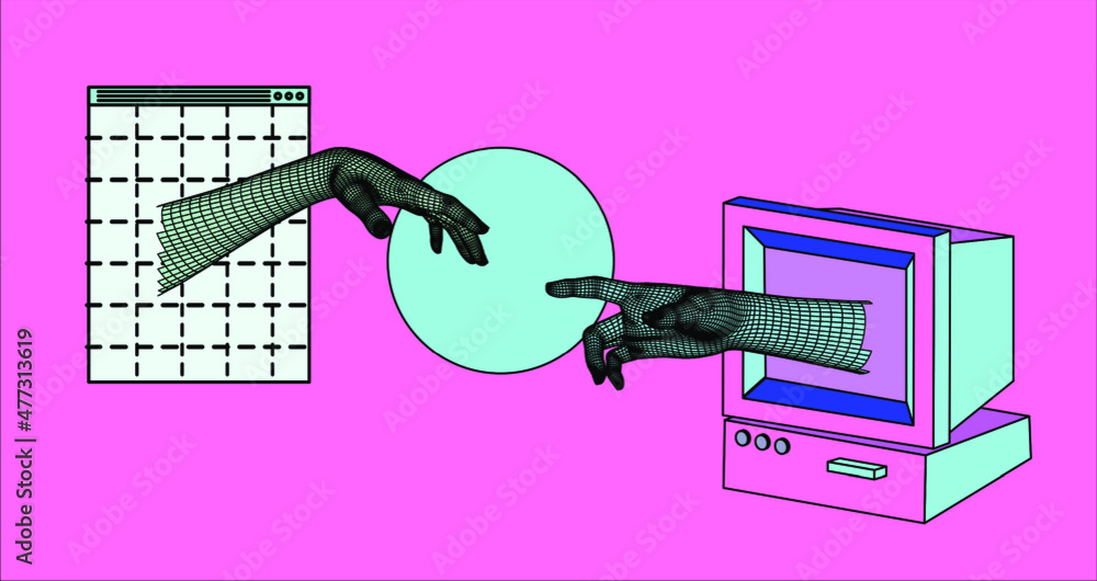 Poster old retro computer with crt monitor. vaporwave vintage style aesthetics.