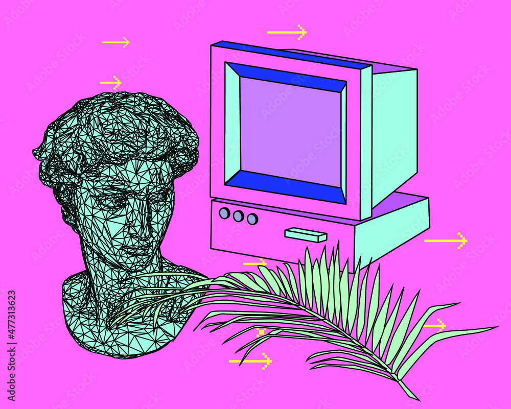 Poster old retro computer with crt monitor. vaporwave vintage style aesthetics.