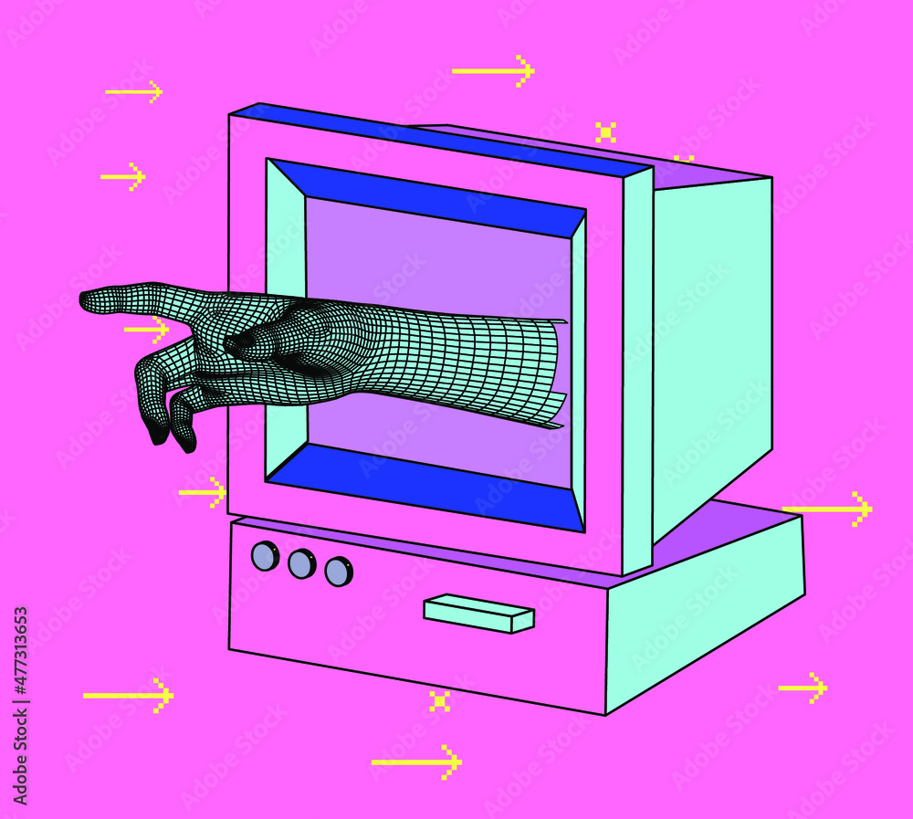 Poster old retro computer with crt monitor. vaporwave vintage style aesthetics.