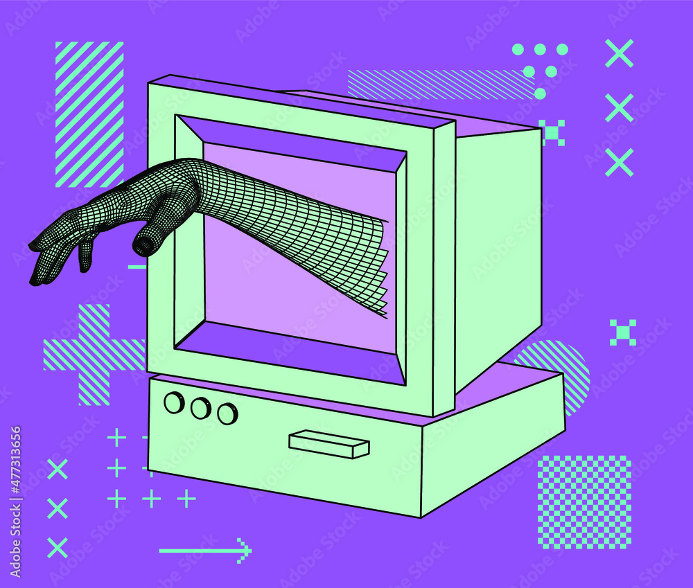 Poster old retro computer with crt monitor. vaporwave vintage style aesthetics.