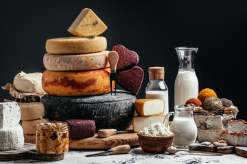 Different homemade cheeses on a dark background. farmer market. banner, menu, recipe place for text