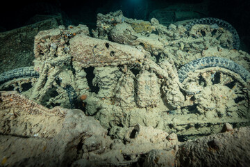 Wrecks of motorbikes in the hold of the SS Thistlegorm, Red Sea, Egypt